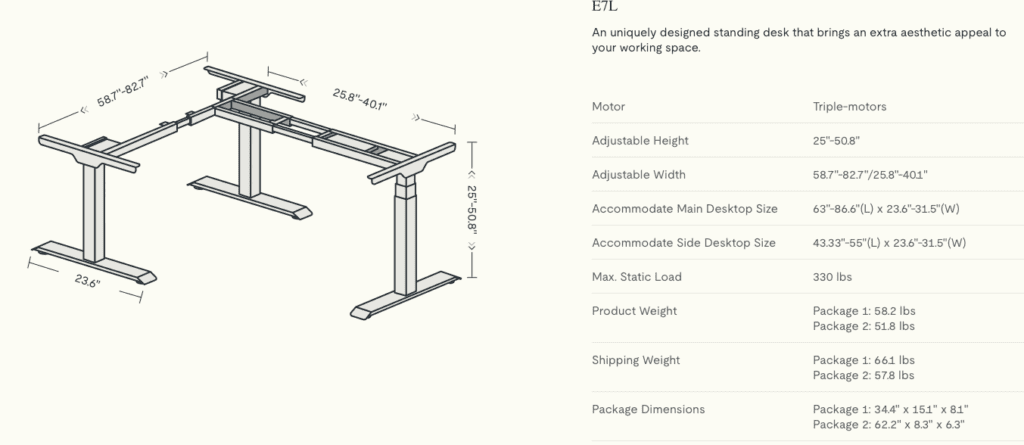 FlexiSpot E7L technical specs